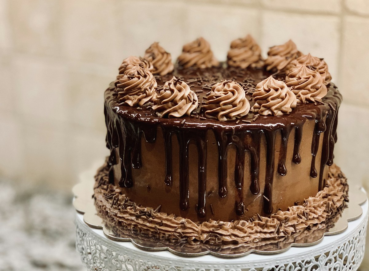 Decorated celebration cake with rich chocolate frosting